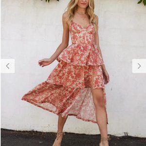 V. Chapman Coral Pink Floral Tiered High-Low Wedding Dress